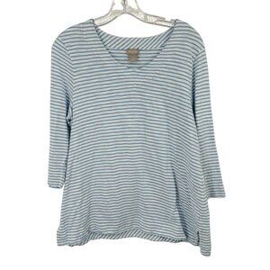 Chico's 1 Women's Striped V-Neck shirt Top 3/4 Sleeve Blue White Size medium